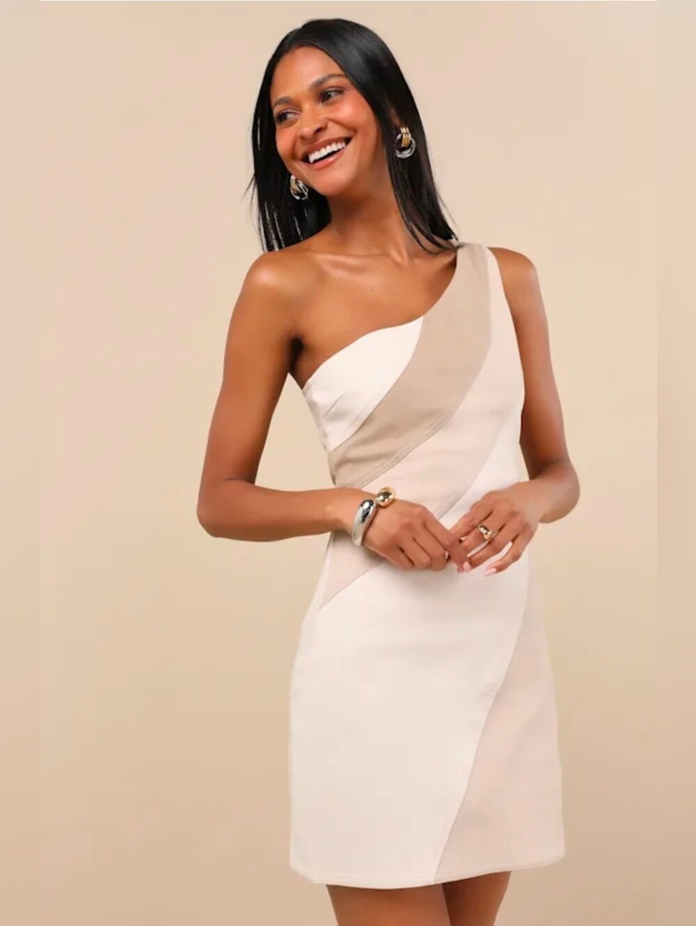 ❤️ NWT! LULUS TARA IVORY COLOR BLOCK ONE-SHOULDER MINI DRESS, LARGE